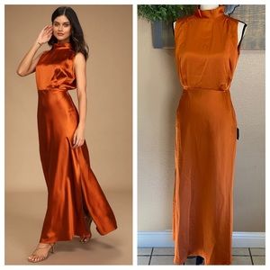 NWT Lulus Classic Elegance Copper Satin Sleeveless Mock Neck Maxi Dress